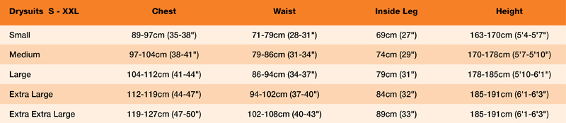 Size Chart For The YAK Strata Dry Suit