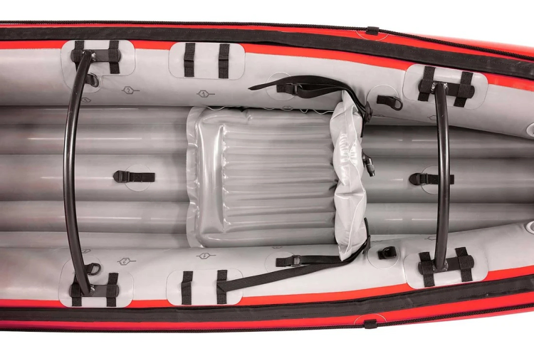 Metal reinforcement hoops support the deck and stiffen the kayak 