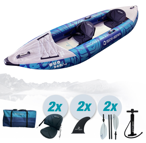 Spinera Duo package includes, kayak, pump, paddles, seats, skegs and carry bag!